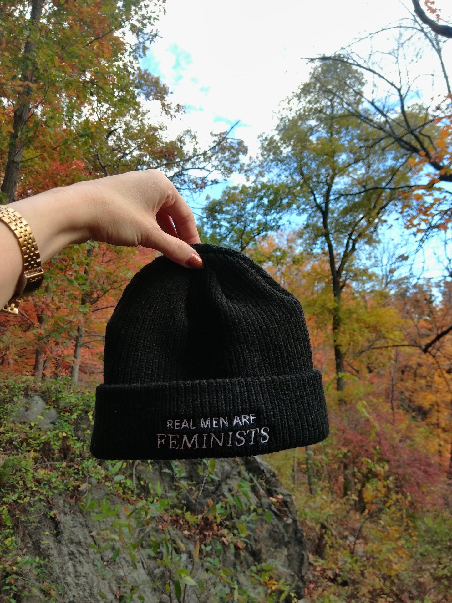 Embroidered "Real Men Are Feminists" Fisherman Beanie