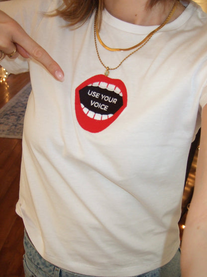 Embroidered "Use Your Voice" Medium Crop Tee
